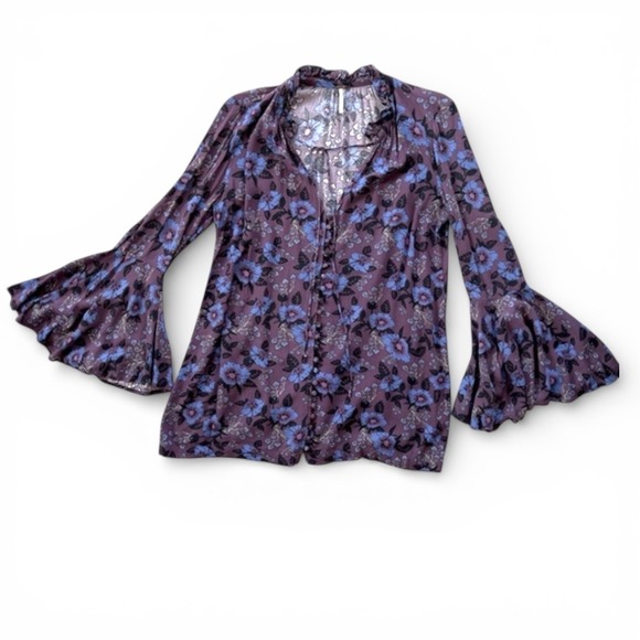 Free People Wine Floral Bell Sleeve Tunic Top - Picture 3 of 6
